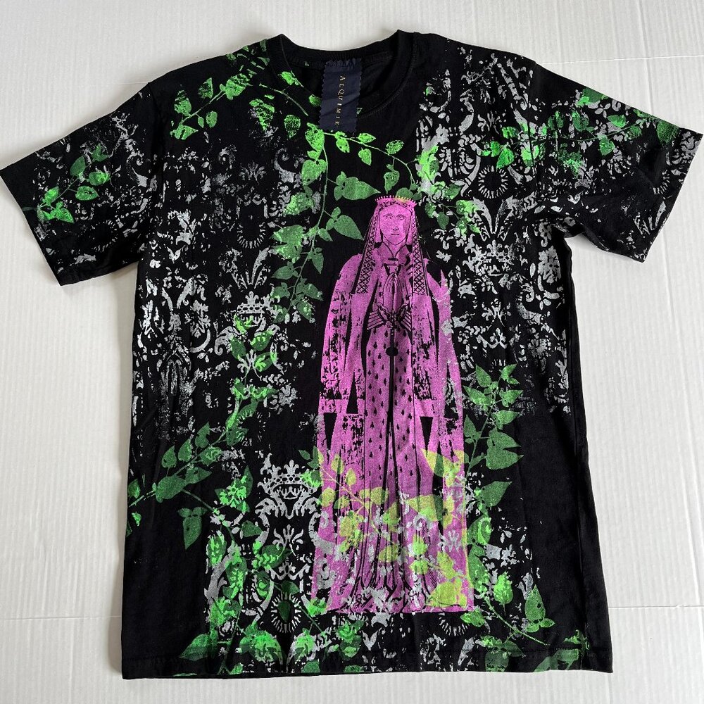 Alquimie Mens Sz M Black Organic Cotton Neon‎ Graphic Print Tee Shirt Pullover